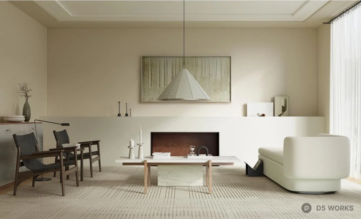 Minimalist Living Room with Fireplace and Curved Sofa 3d model - Image 1