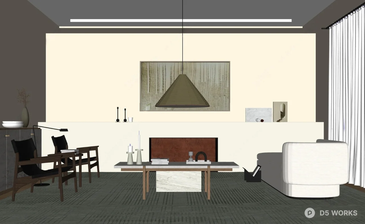 Minimalist Living Room with Fireplace and Curved Sofa 3d model thumbnail 2