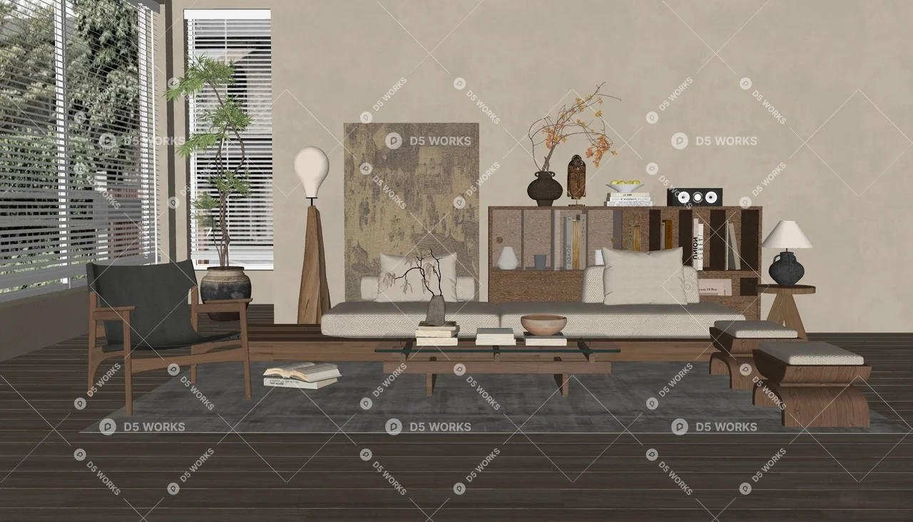 Mid-Century Modern Home Living Room 3d model thumbnail 2