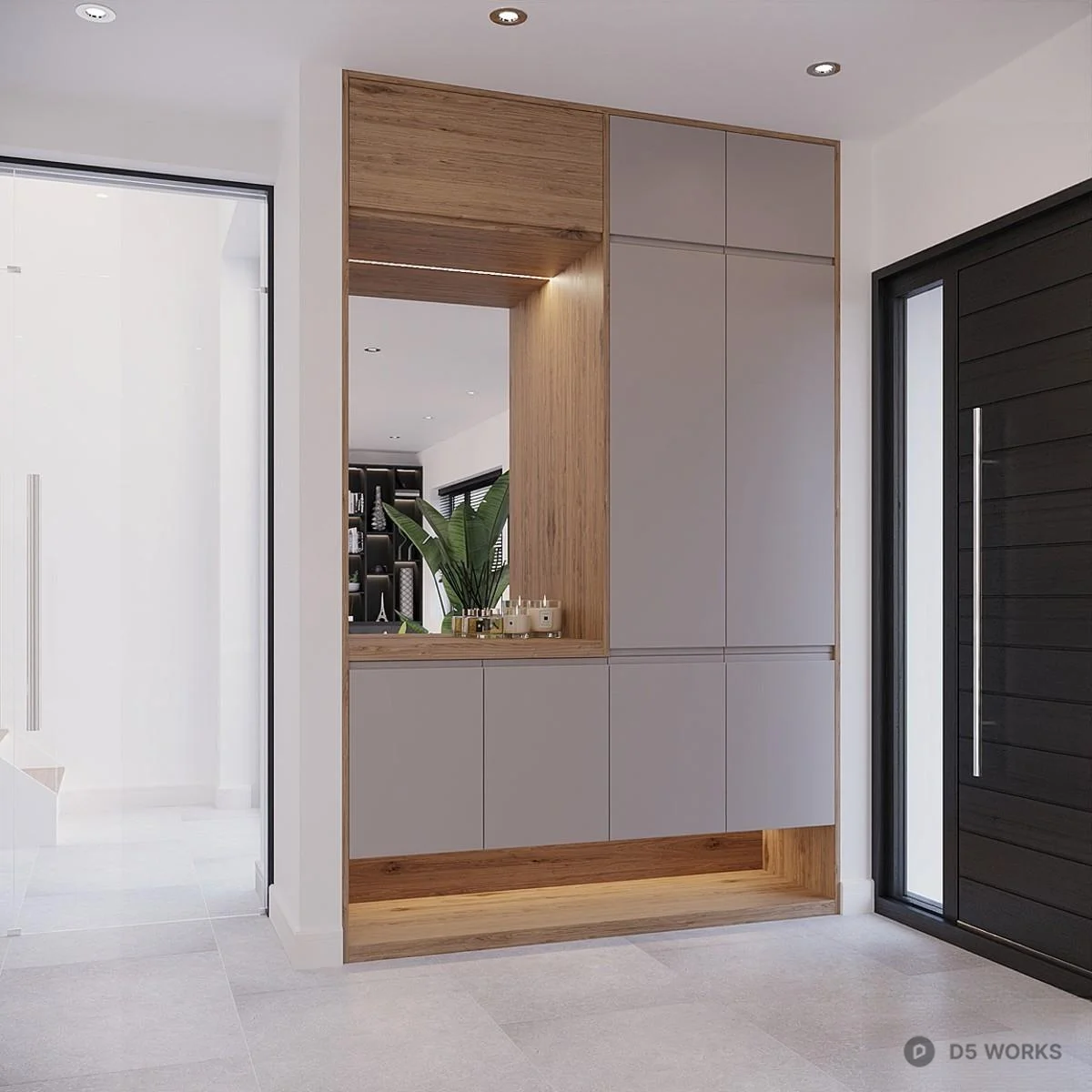 Minimalist Wooden Shoe Cabinet With Mirror 3d model thumbnail 3