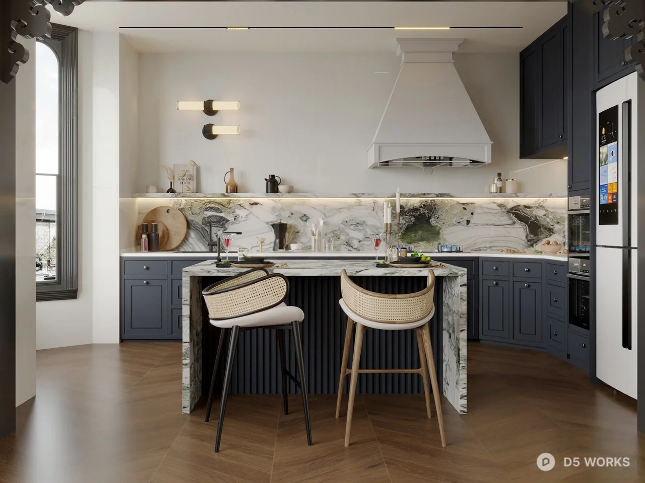 Modern Open Kitchen With Marble Island And Bar Stools 3d model - Image 1