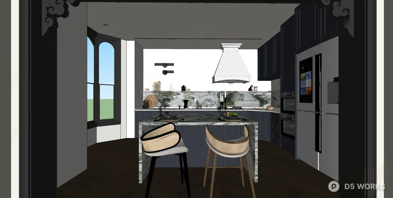 Modern Open Kitchen With Marble Island And Bar Stools 3d model thumbnail 2