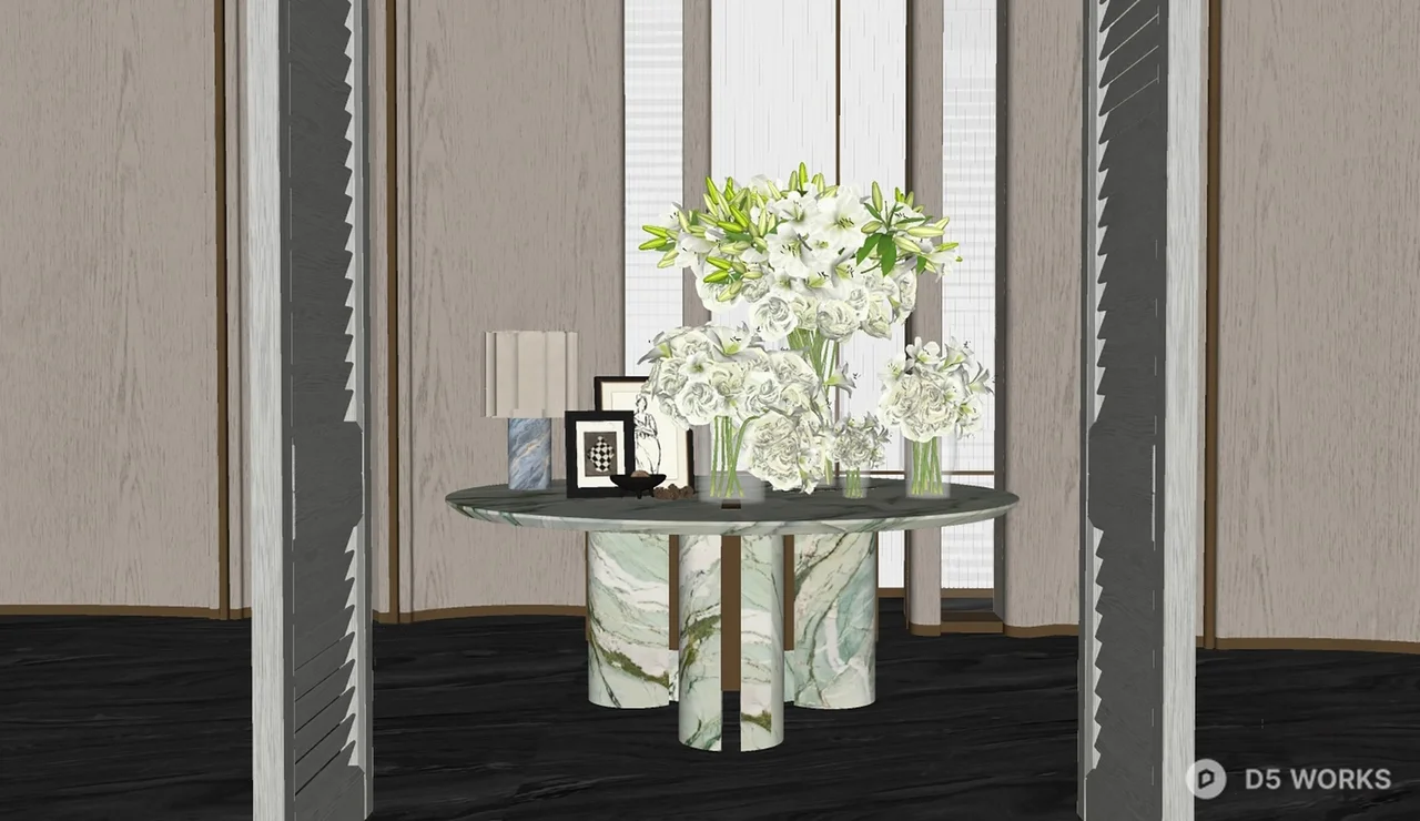 Contemporary Hotel Corridor With Marble Table And Floral Arrangement 3d model thumbnail 2