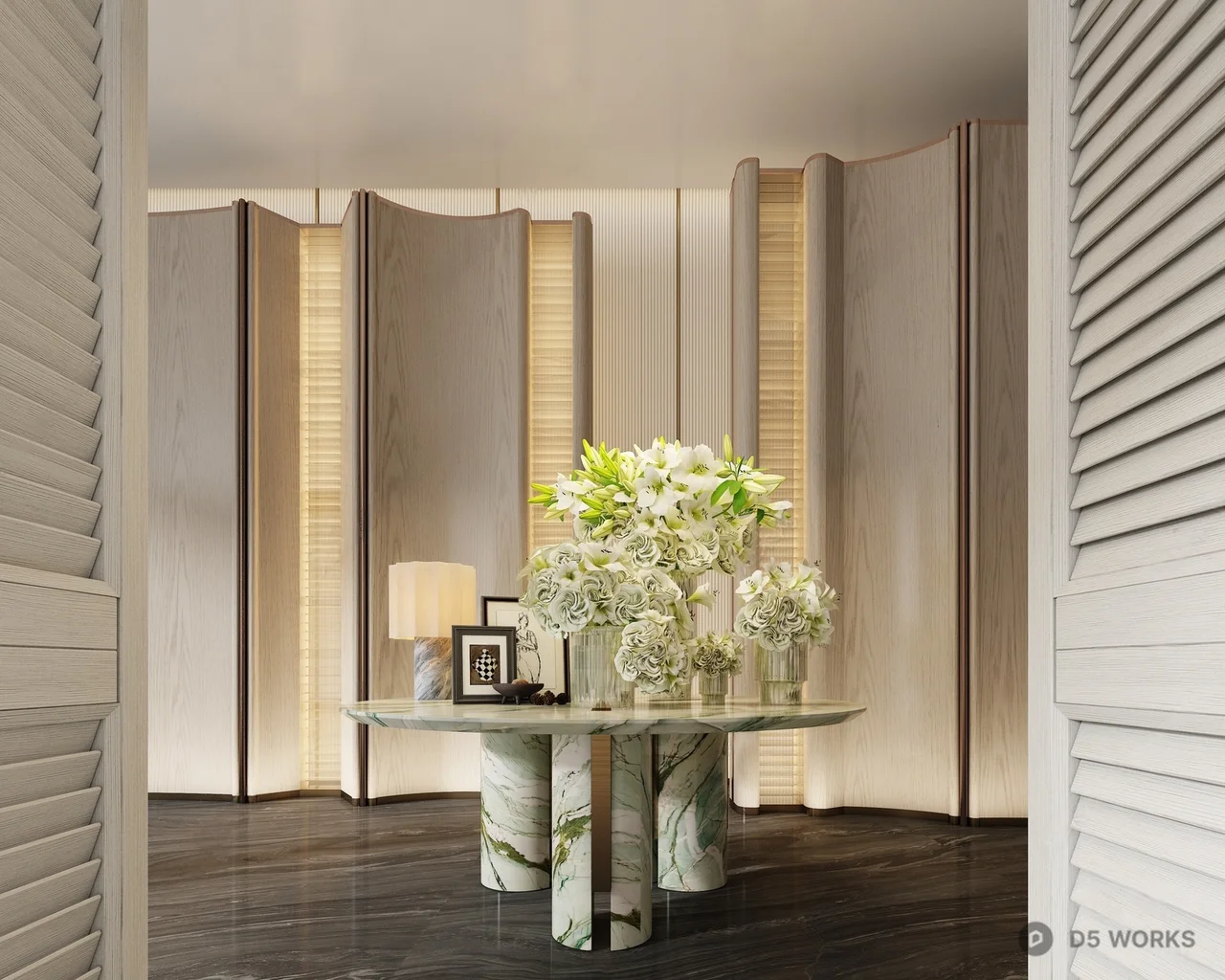 Contemporary Hotel Corridor With Marble Table And Floral Arrangement 3d model - Image 1