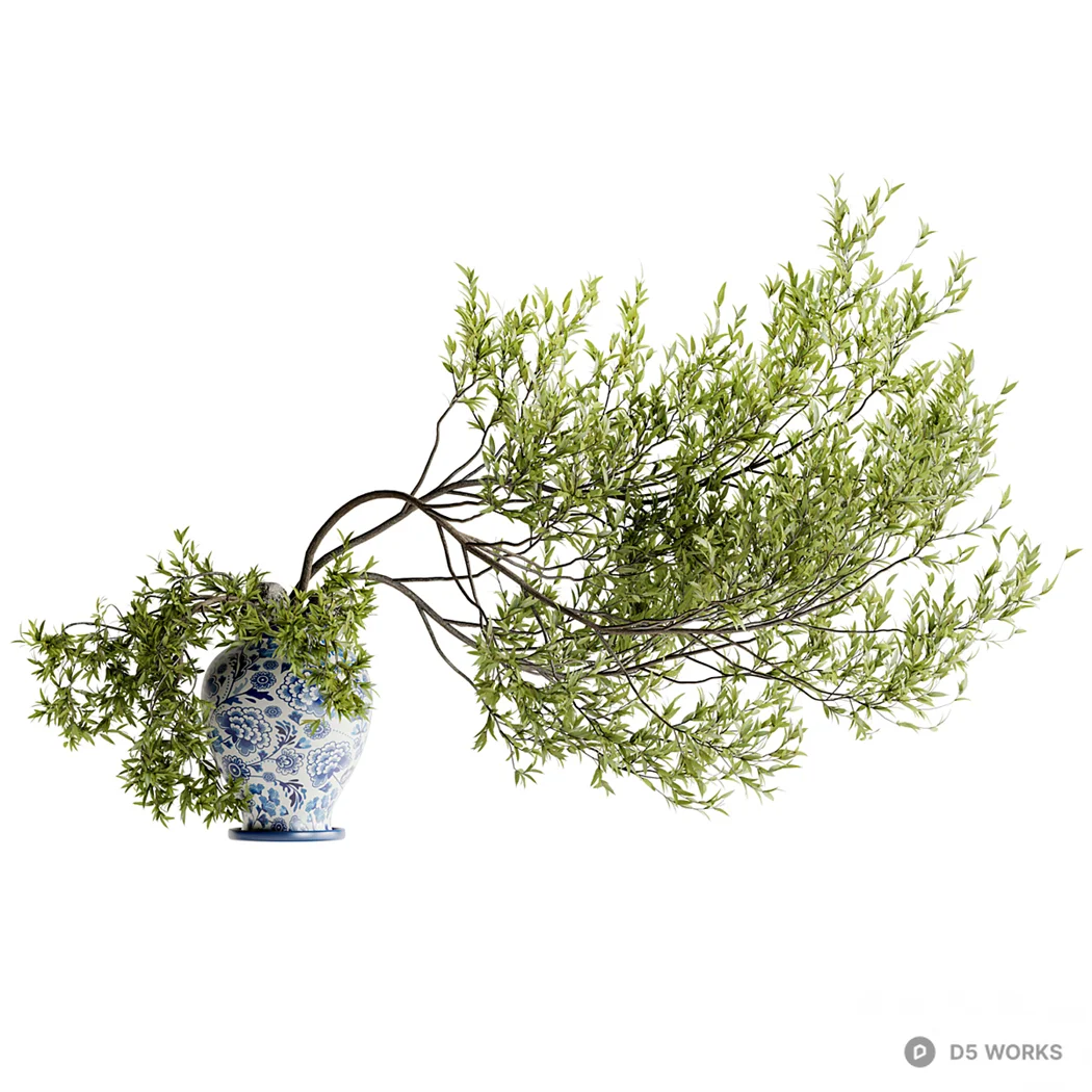 Blue And White Porcelain Vase With Green Branches 3d model - Image 1