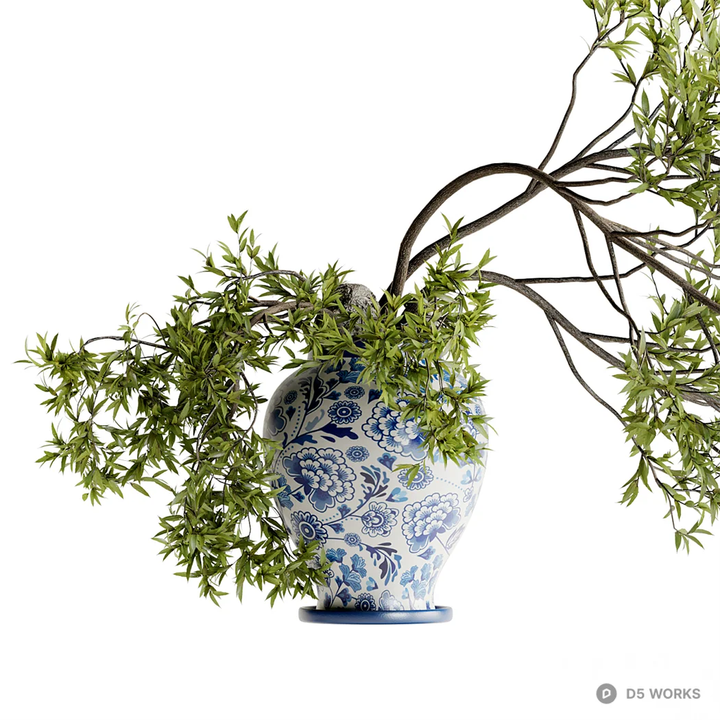 Blue And White Porcelain Vase With Green Branches 3d model thumbnail 2