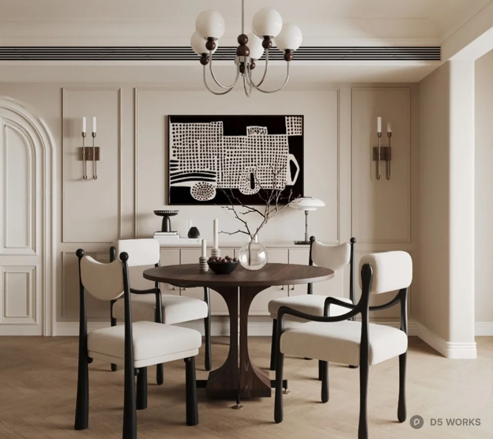 Minimalist Dining Room With Round Table And Modern Chairs 3d model - Image 1