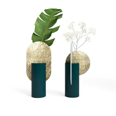 Minimalist Gold Vase With Green Leaf And White Flowers 3d model