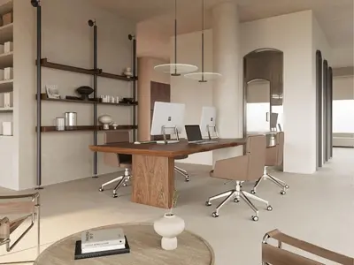Minimalist Independent Office with Wood Desk and Metal Shelving 3d model