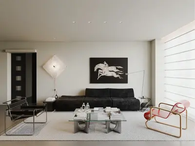 Minimalist Living Room with Black Sofa and Art Wall 3d model