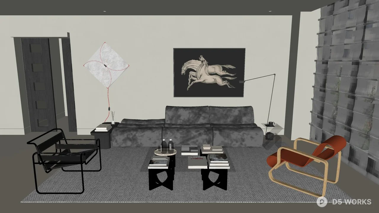 Minimalist Living Room with Black Sofa and Art Wall 3d model thumbnail 2