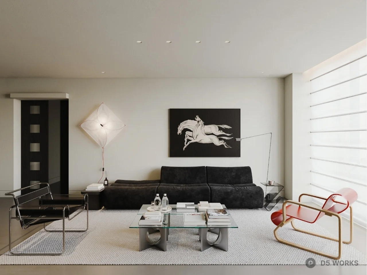 Minimalist Living Room with Black Sofa and Art Wall 3d model - Image 1