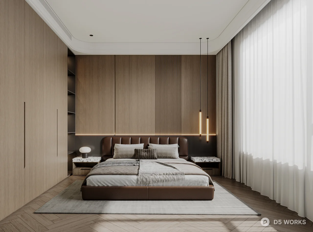 Modern Minimalist Bedroom with Wooden Paneling 3d model - Image 1