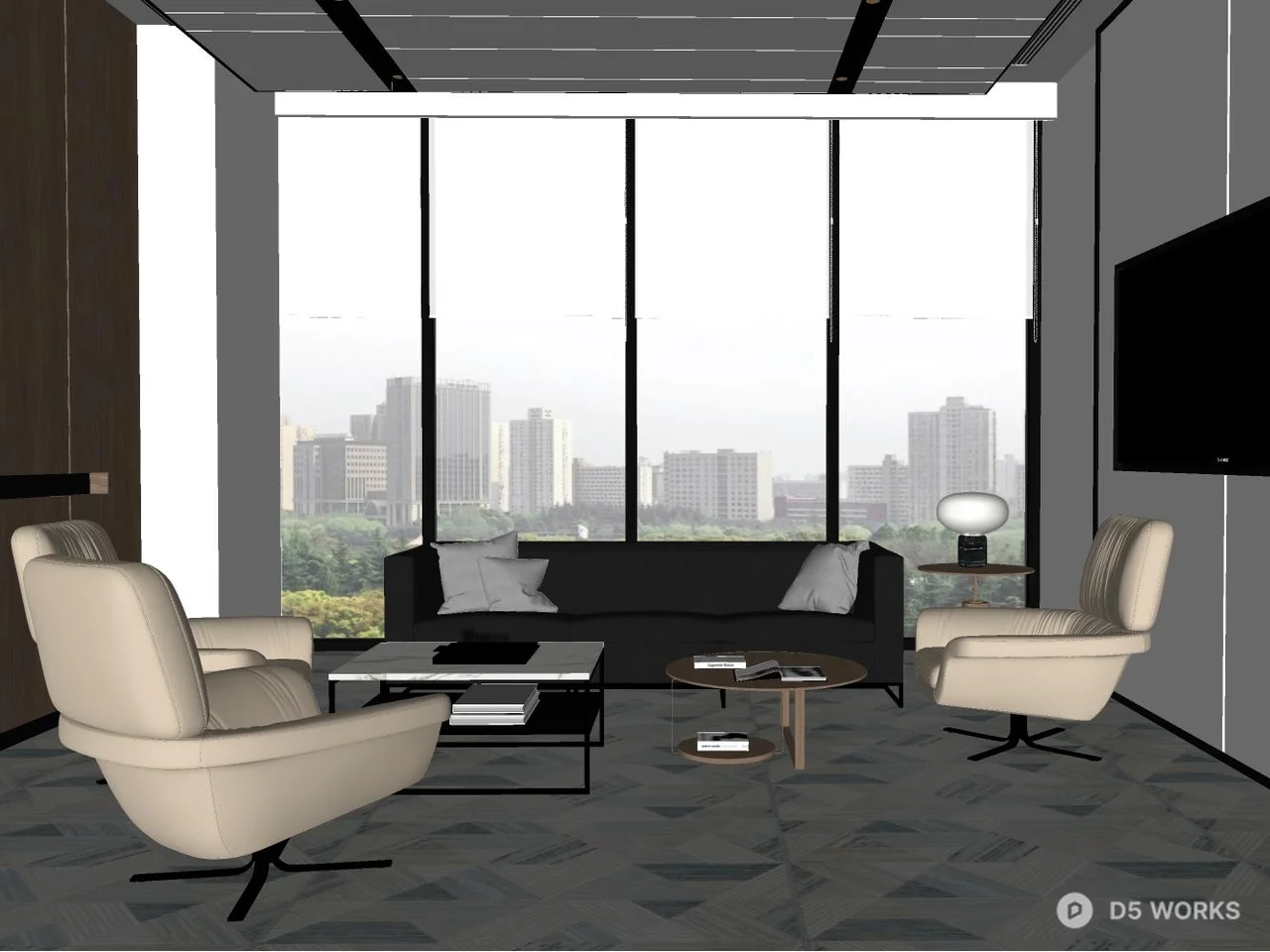 Modern Executive Lounge with City View 3d model thumbnail 2