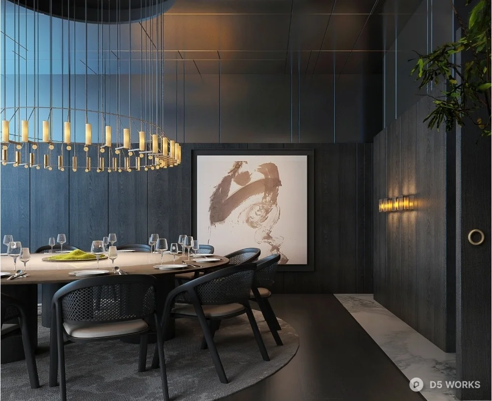 Modern Dark Tone Private Dining Room 3d model - Image 1