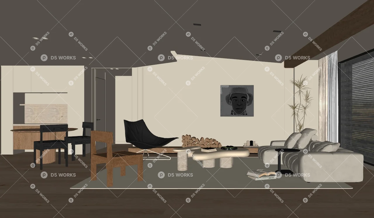Mid-Century Modern Living & Dining Room 3d model thumbnail 2