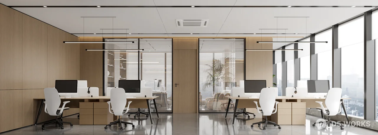 Modern Open Plan Office Space With Panoramic Windows 3d model thumbnail 3