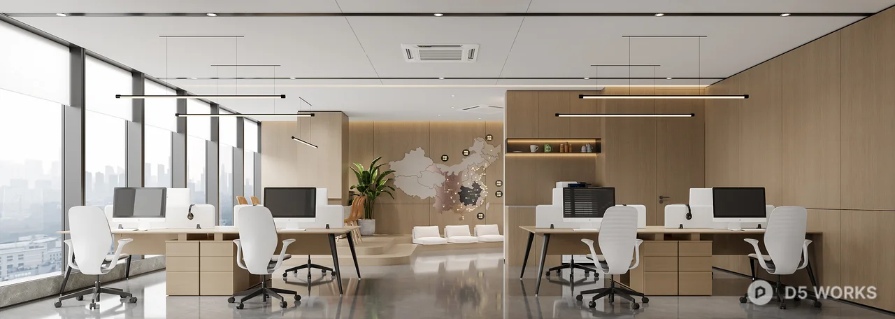 Modern Open Plan Office Space With Panoramic Windows 3d model thumbnail 2