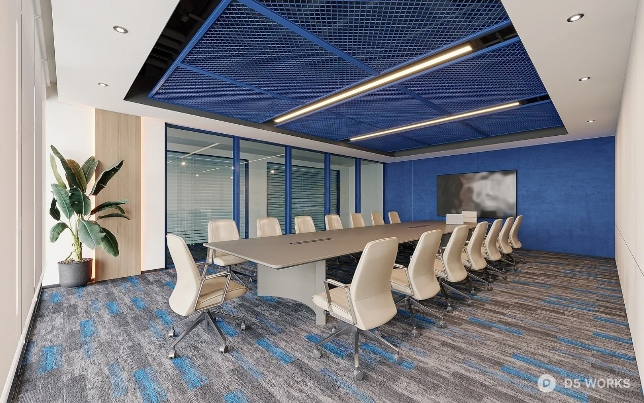 Modern Blue Conference Room with Geometric Ceiling 3d model - Image 1