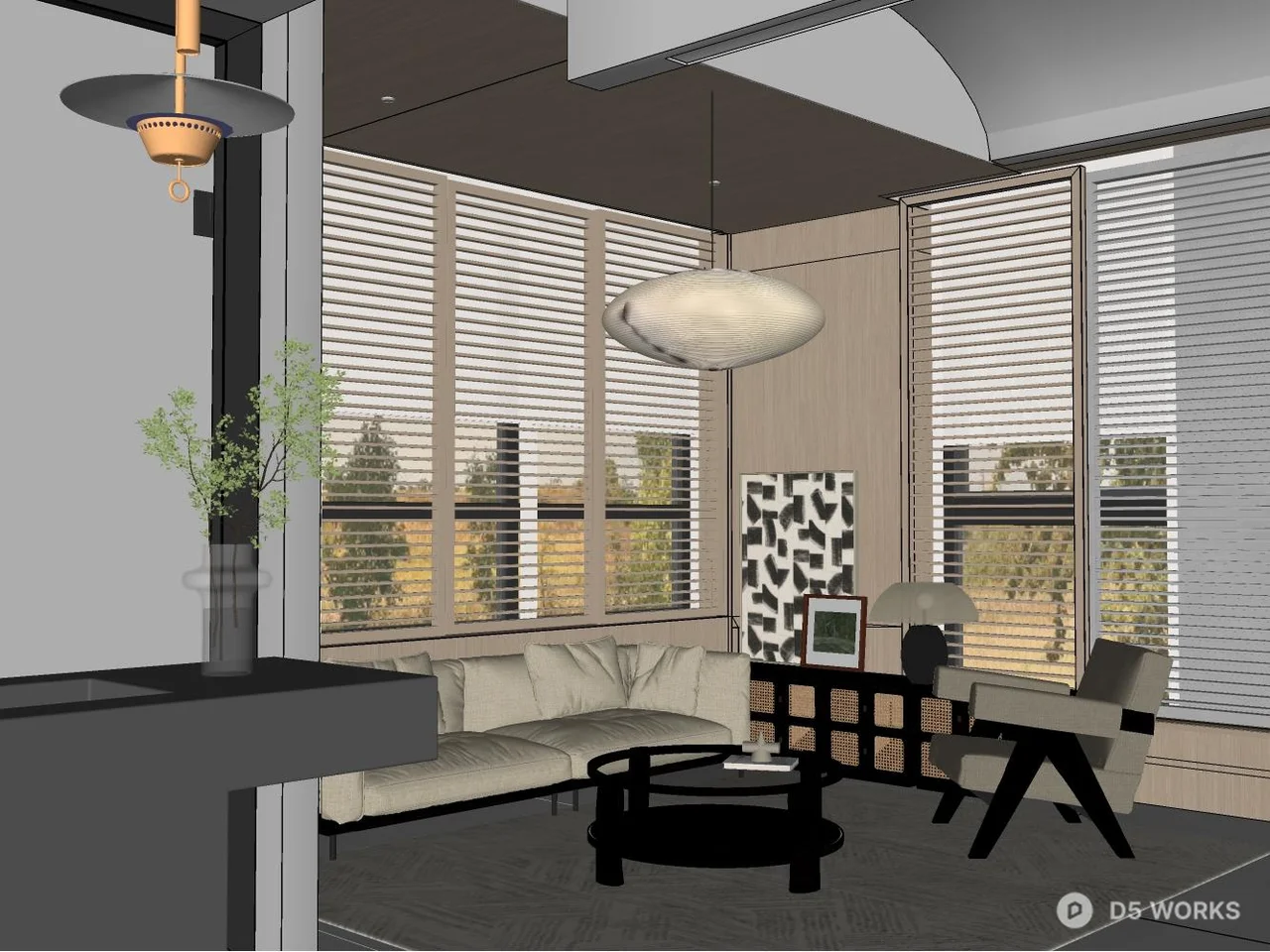Mid Century Modern Living Room with Warm Lighting 3d model thumbnail 2