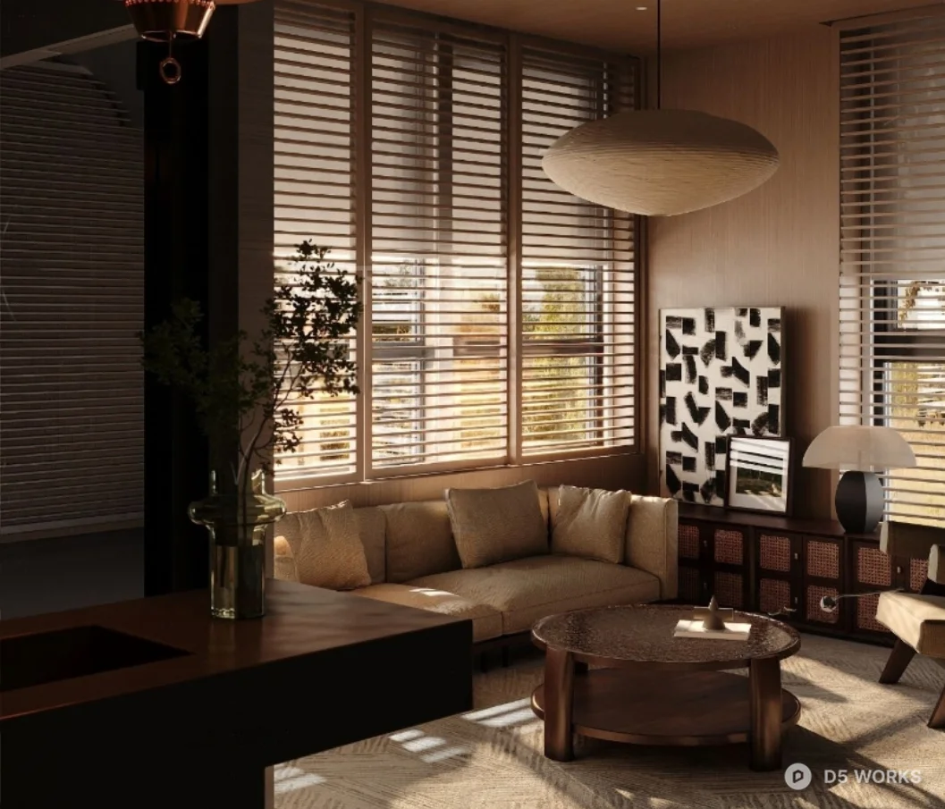Mid Century Modern Living Room with Warm Lighting 3d model - Image 1