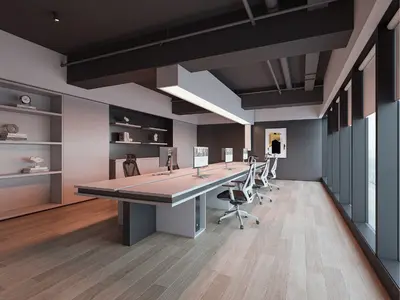 Modern Conference Room With Long Table And Office Chairs 3d model