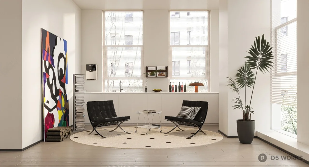 Minimalist Open Plan Office Space With Circular Pendant Lighting 3d model thumbnail 2
