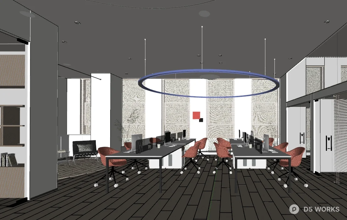 Minimalist Open Plan Office Space With Circular Pendant Lighting 3d model thumbnail 3