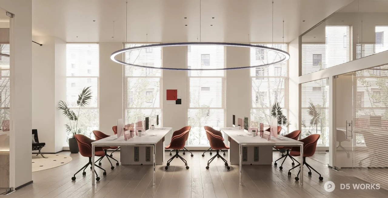 Minimalist Open Plan Office Space With Circular Pendant Lighting 3d model - Image 1