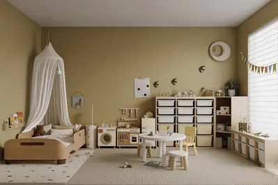 Minimalist Neutral-Tone Children's Room With Canopy Bed And Storage Units 3d model