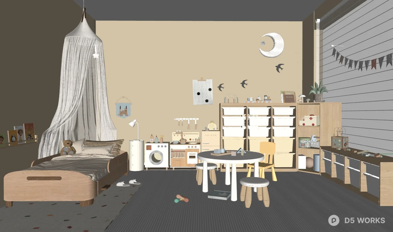 Minimalist Neutral-Tone Children's Room With Canopy Bed And Storage Units 3d model thumbnail 2