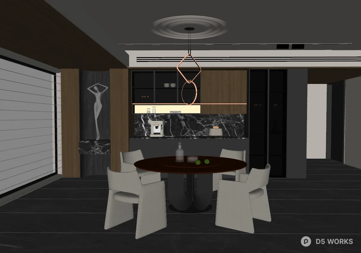 Modern Minimalist Dining Room with Sculptural Pendant Light 3d model thumbnail 2