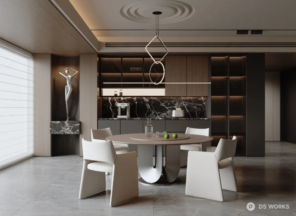 Modern Minimalist Dining Room with Sculptural Pendant Light 3d model - Image 1