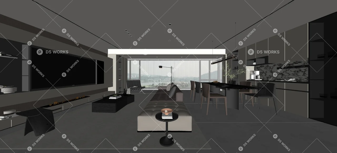 Modern Open Plan Living Dining Space With Minimalist Design 3d model thumbnail 2