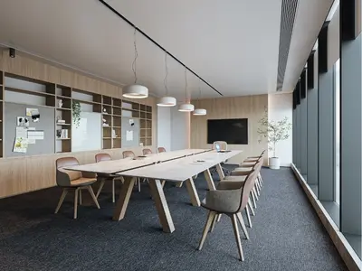 Modern Conference Room With Wooden Table And Pendant Lights 3d model