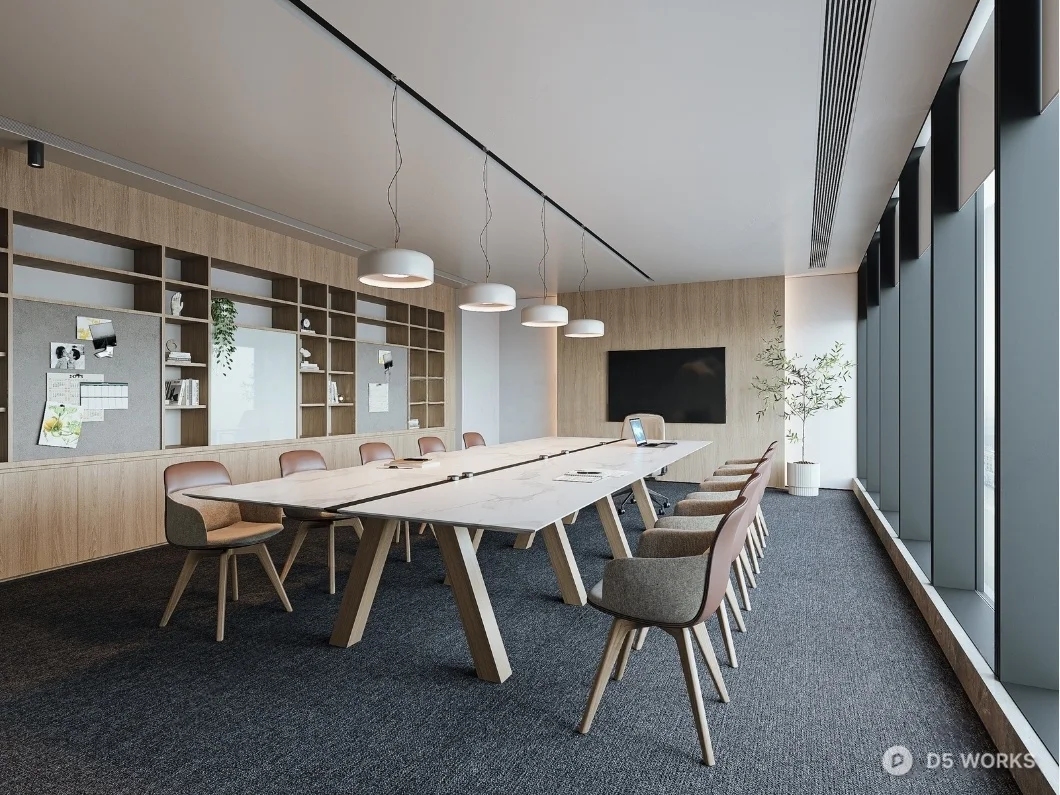 Modern Conference Room With Wooden Table And Pendant Lights 3d model - Image 1