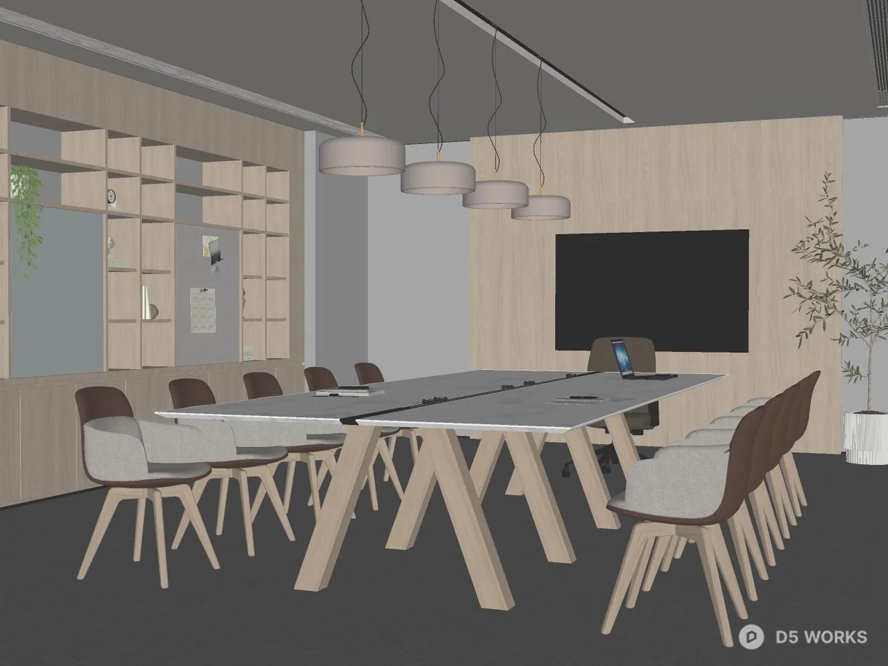 Modern Conference Room With Wooden Table And Pendant Lights 3d model thumbnail 2