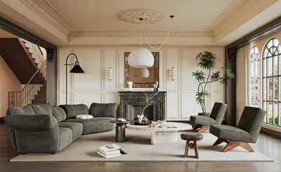 Elegant Villa Living Room with Fireplace and Greenery 3d model
