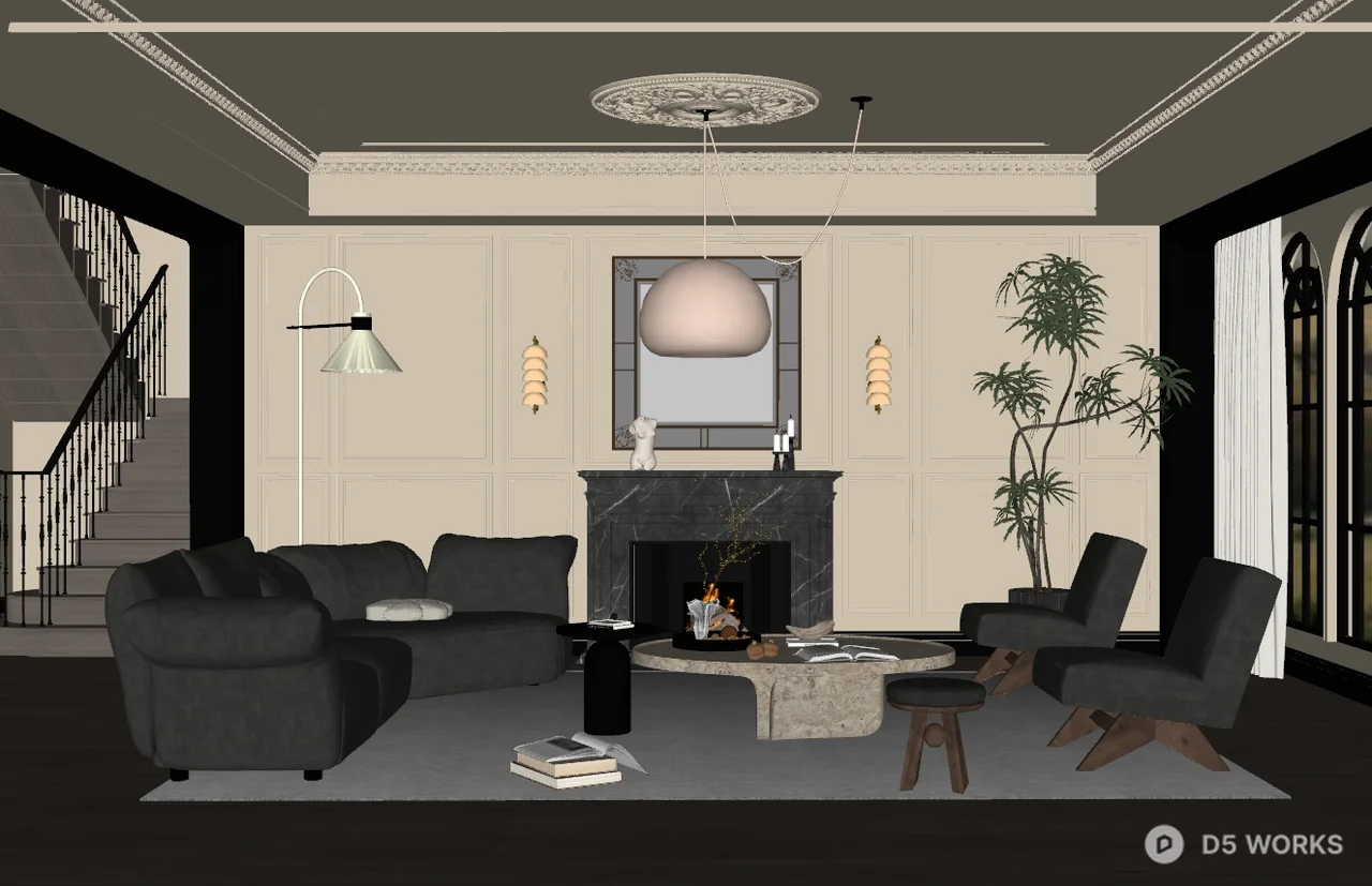 Elegant Villa Living Room with Fireplace and Greenery 3d model thumbnail 2