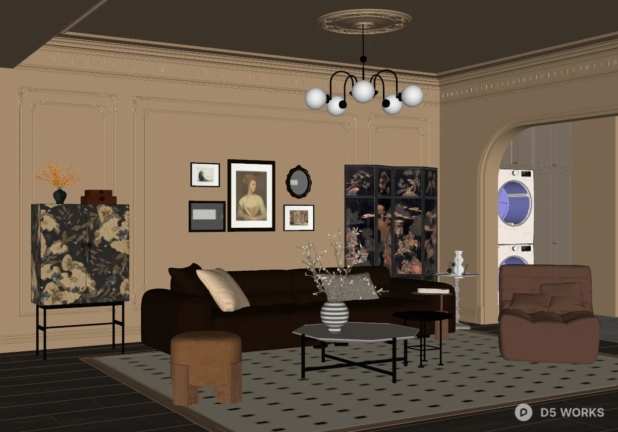 Mid Century Modern Living Room with Polka Dot Rug 3d model thumbnail 2