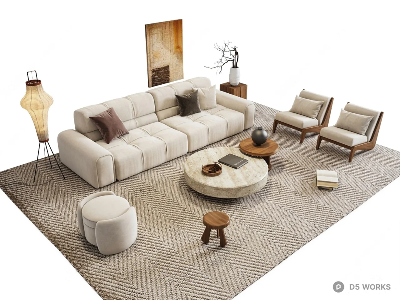 Modern Living Room with Modular Sofa and Round Coffee Table 3d model - Image 1