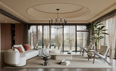Mid Century Modern Living Room with Circular Ceiling and Large Windows 3d model