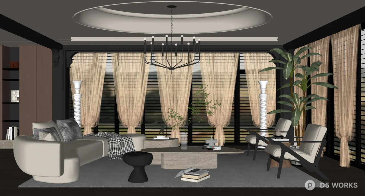 Minimalist Living Room with Curved Sofa and Wooden Shelving 3d model thumbnail 2