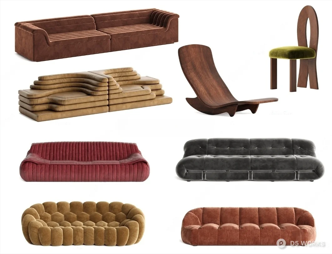 Sculptural Upholstered Three-Seater Sofa 3d model - Image 1