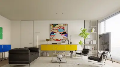 Minimalist Living Room with Bold Art and Color Blocks 3d model