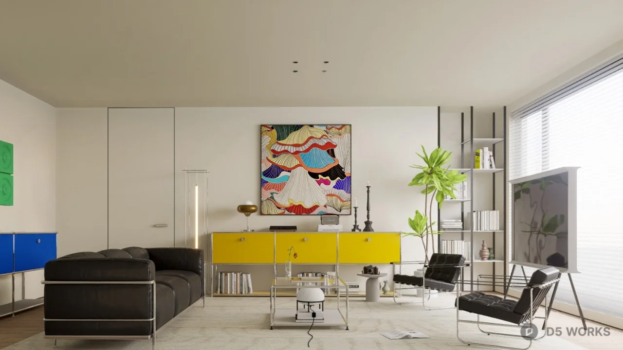Minimalist Living Room with Bold Art and Color Blocks 3d model - Image 1