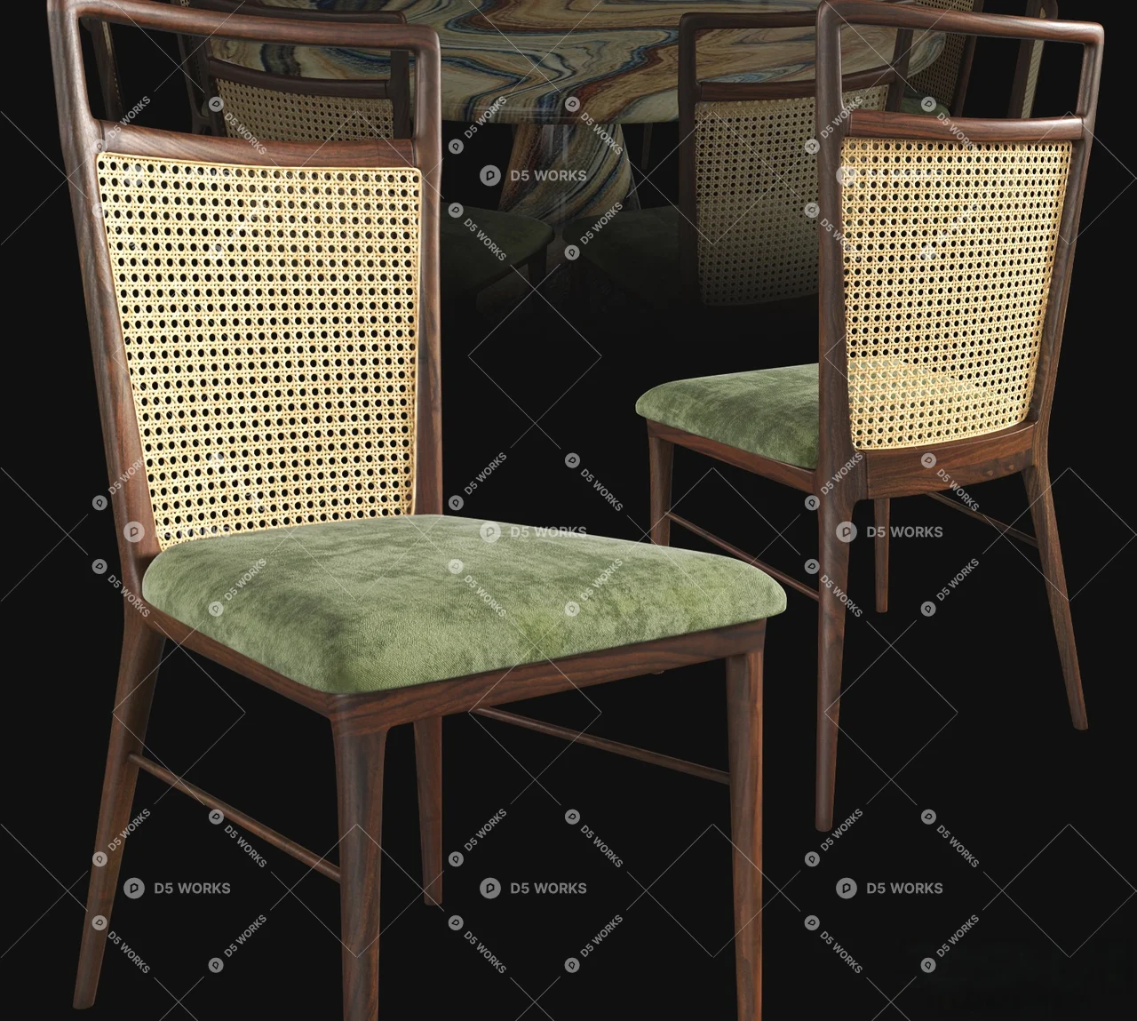 Mid-Century Modern Dining Table & Chairs Set 3d model thumbnail 2