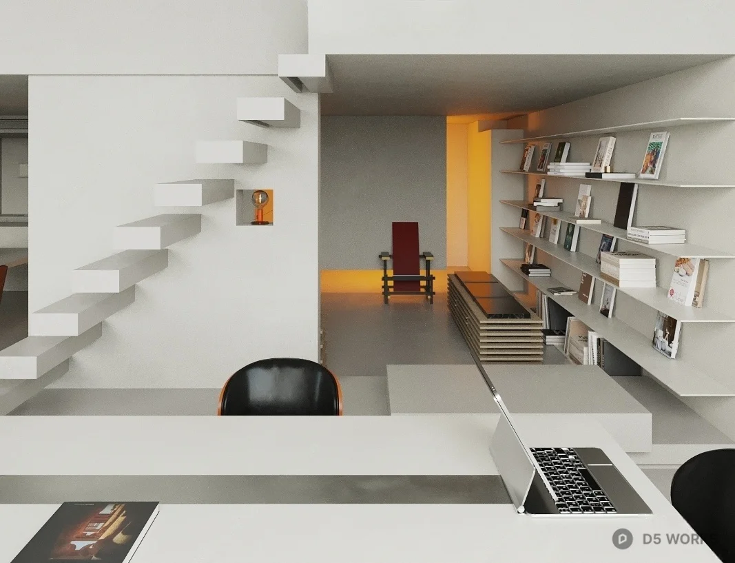 Minimalist Home Office with Floating Staircase 3d model - Image 1