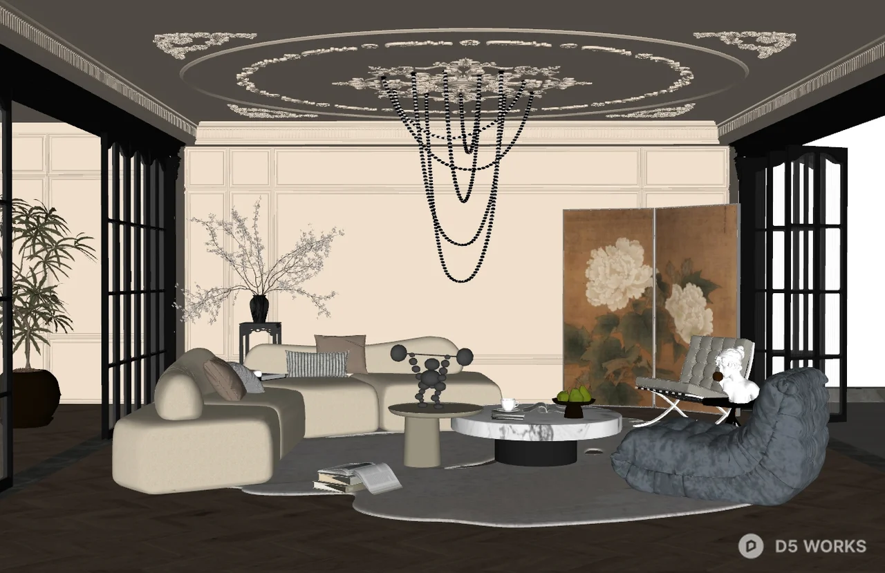 Eclectic Villa Living Room with Ornate Ceiling 3d model thumbnail 2