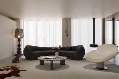 Minimalist Living Room with Curved Sofa and Marble Coffee Table 3d model